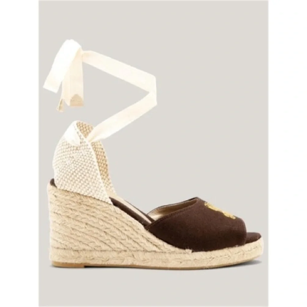 𝅺NWT Ganni Lace-up Jute Wedge Espadrilles Bitter Chocolate Coastal Size 11